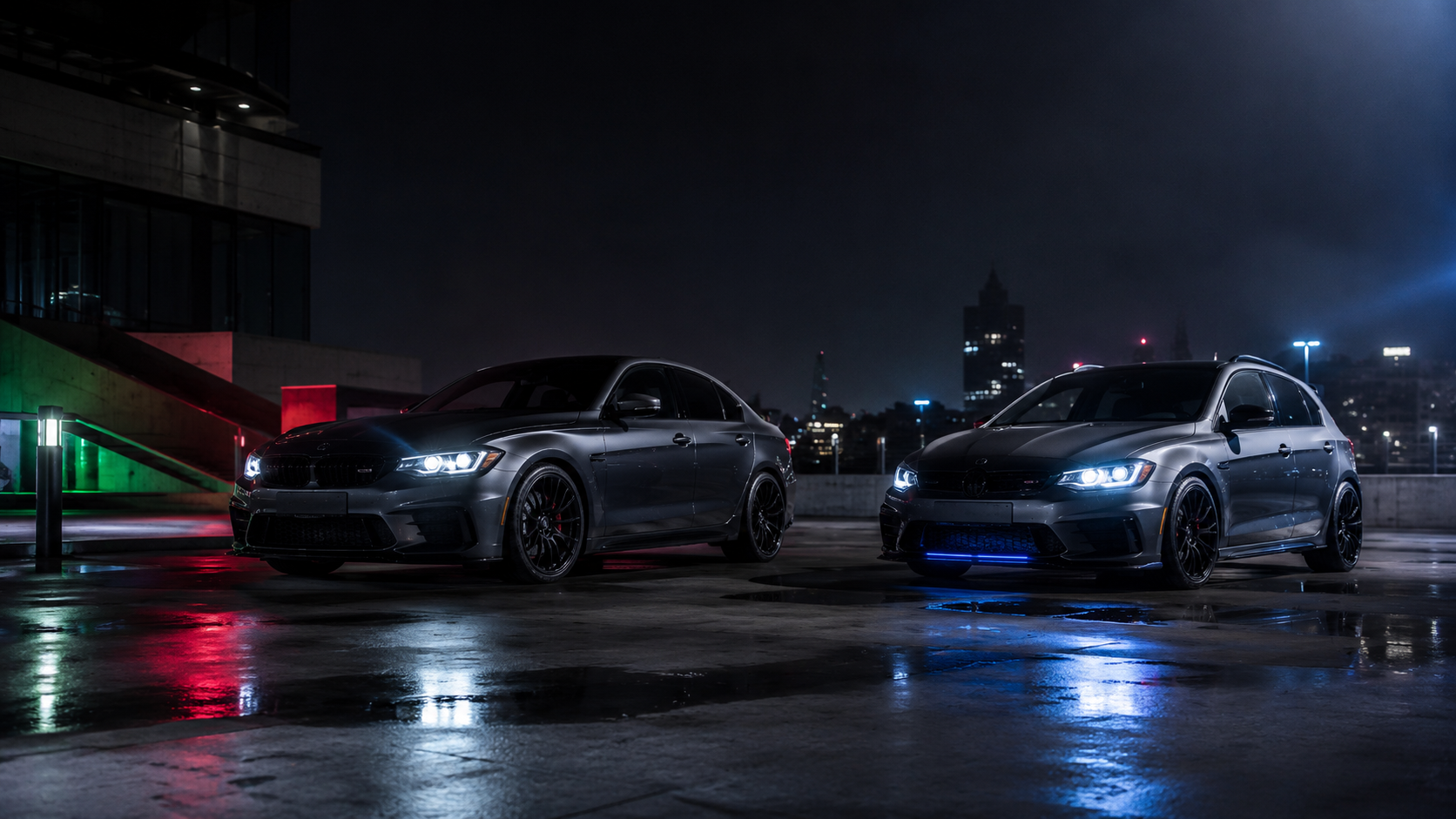 German import cars under city lights