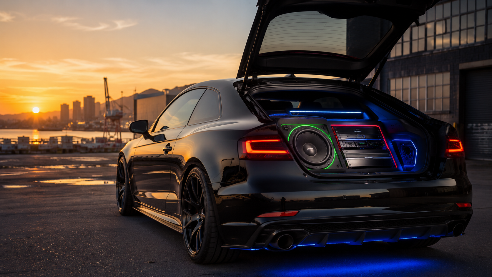 Custom car audio installation in a black coupe