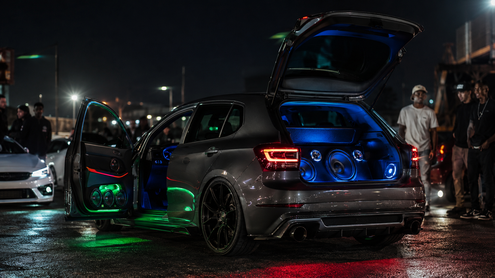 Night car meet with glowing custom audio details